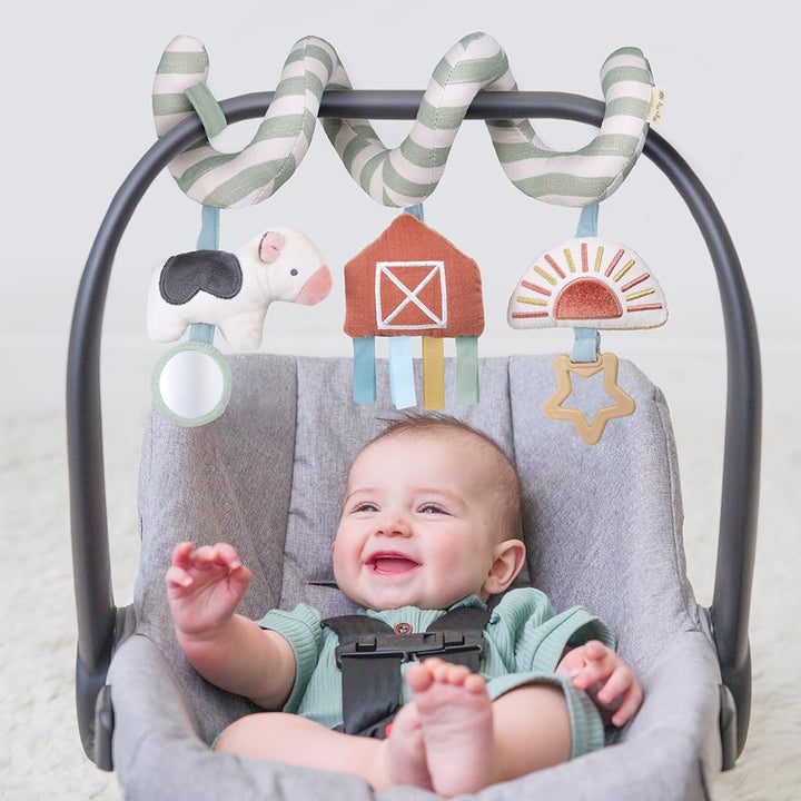 Itzy Ritzy Spiral Car Seat & Stroller Activity Toy - Stroller & Car Seat Toys for Ages 0 Months and Up - Hanging Toys Include Dangling Ring, Mirror and Textured Ribbons (Farm) Farm