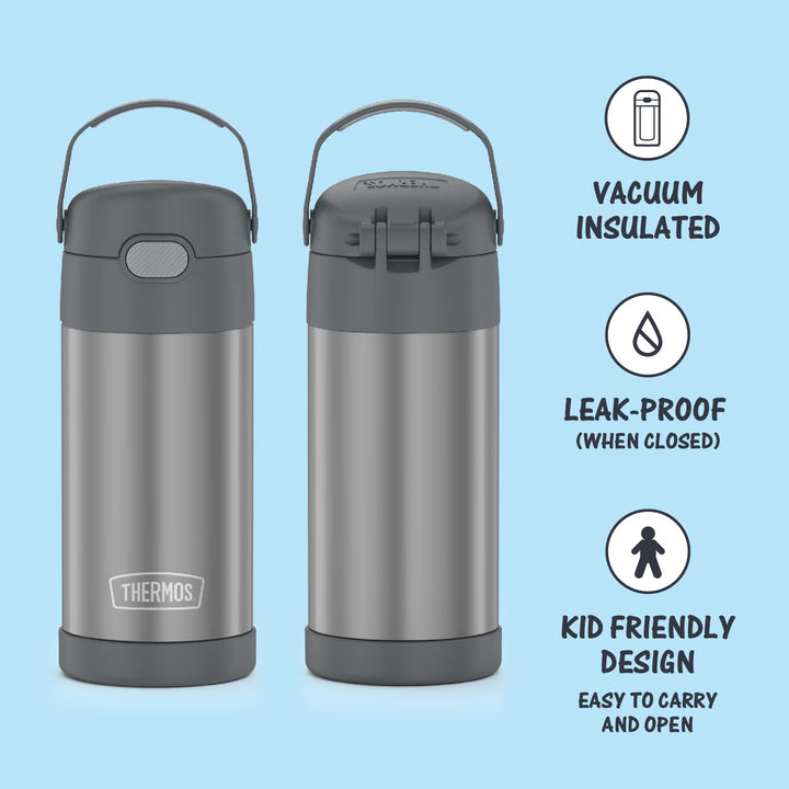 THERMOS FUNTAINER Water Bottle with Straw - 12 Ounce, Grey - Kids Stainless Steel Vacuum Insulated Water Bottle with Lid Gray FUNTAINER 12 Ounce Bottle