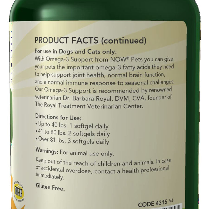 NOW Pet Health, Omega 3 Supplement, Formulated for Cats & Dogs, NASC Certified, 180 Softgels