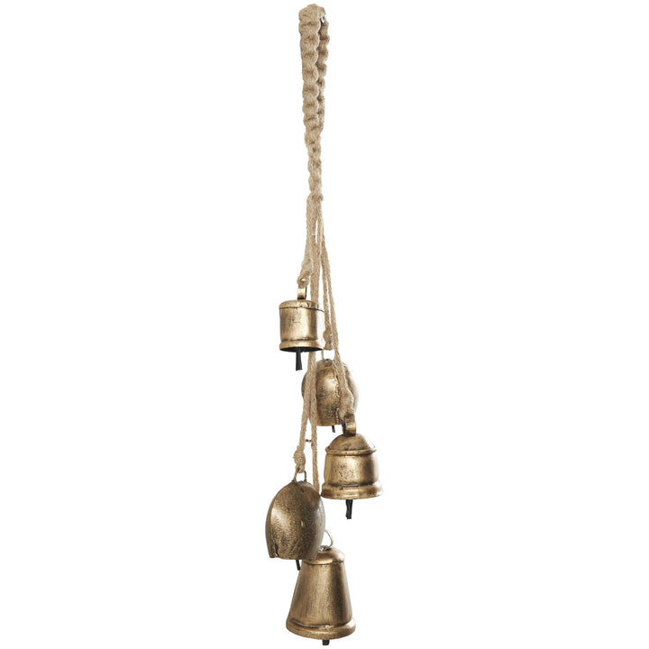 Deco 79 Gold Metal Tibetan Inspired String Hanging Decorative Bells with Jute Hanging Rope 4" x 8" x 52" - Cone 52" x 4" x 8"