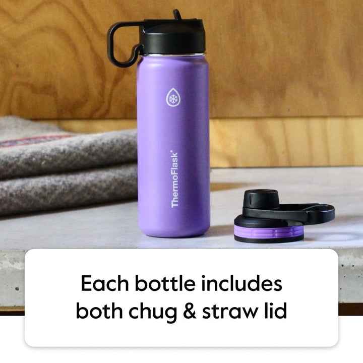 ThermoFlask 24 oz Double Wall Vacuum Insulated Stainless Steel Water Bottle with Spout and Straw Lids, White