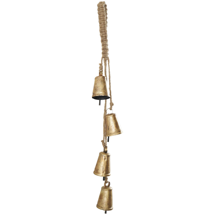 Deco 79 Gold Metal Tibetan Inspired String Hanging Decorative Bells with Jute Hanging Rope 4" x 8" x 52" - Cone 52" x 4" x 8"