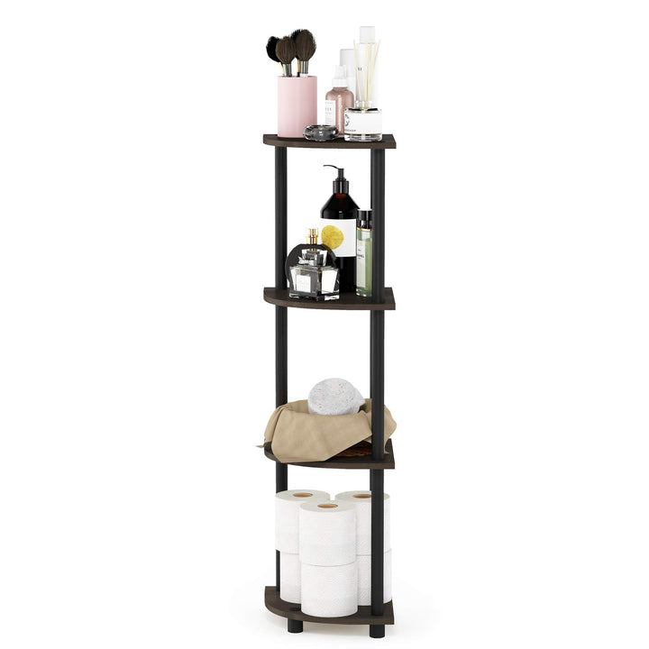 Furinno Turn-N-Tube 4-Tier Corner Display Rack Multipurpose Shelving Unit, Dark Brown Grain/Black 4-Tier Round Tube