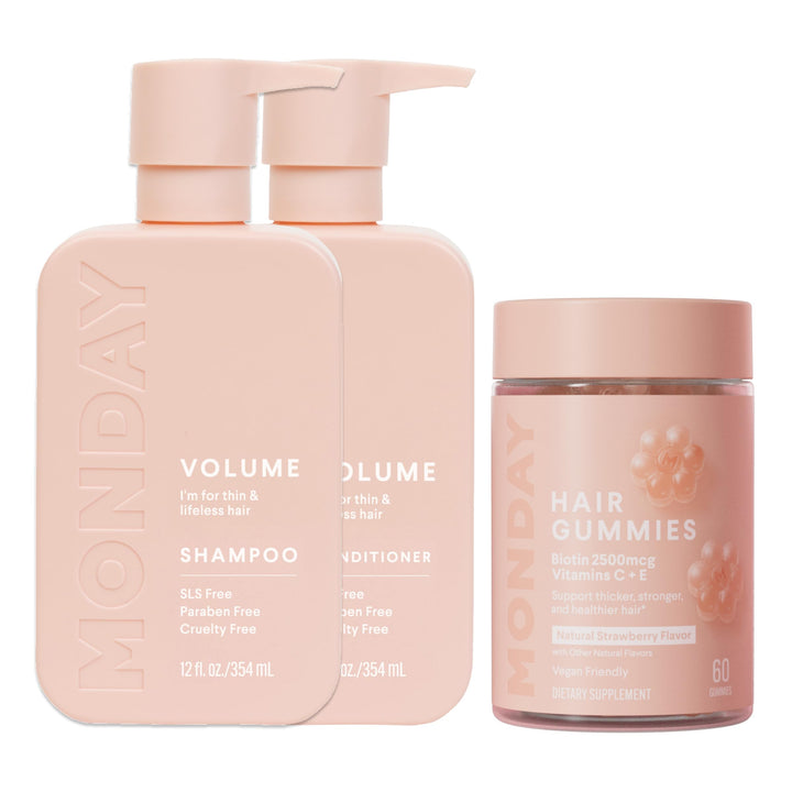 MONDAY HAIRCARE Volume Shampoo and Conditioner Set 12oz for Thin, Fine and Oily Hair + Hair Gummies for Thicker and Stronger Hair (60 count) Strawberry Flavored