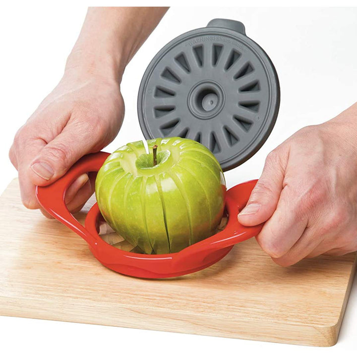 PrepWorks by Progressive Dishwasher Safe 16-Slice Thin Apple Slicer and Corer with Attached Safety Cover red and gray