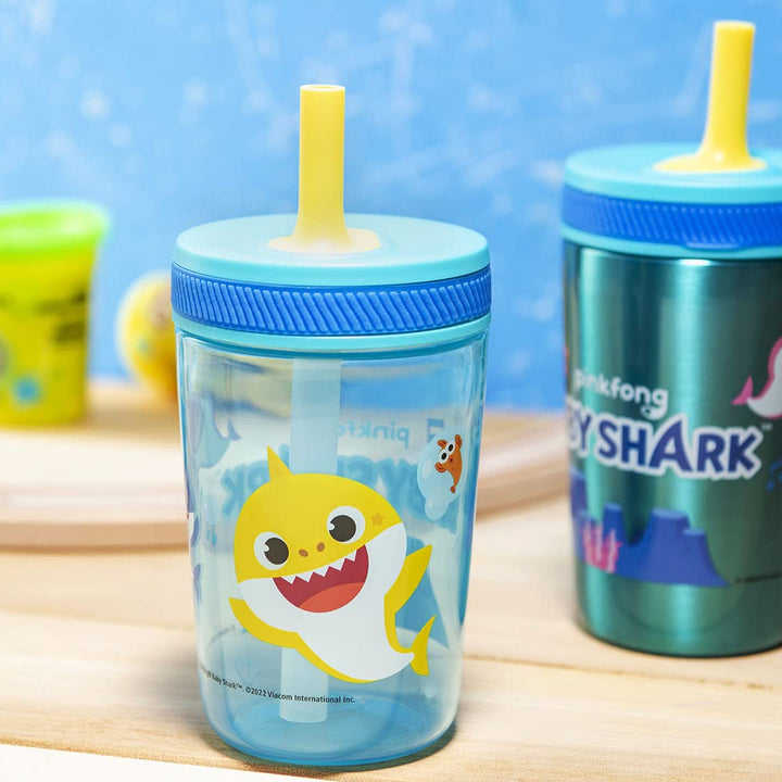 Zak Designs Baby Shark Kelso Tumbler Set, Leak-Proof Screw-On Lid with Straw, Bundle for Kids Includes Plastic and Stainless Steel Cups with Bonus Sipper (3pc Set, Non-BPA)15 fl oz. Classic