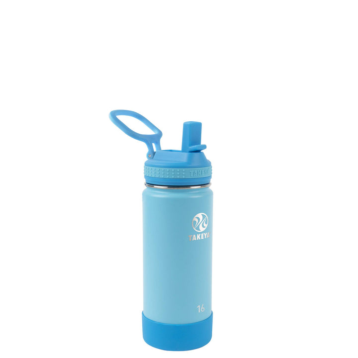 Takeya Actives Kids 16 oz Vacuum Insulated Stainless Steel Water Bottle with Straw Lid, Sail Blue/Atlantic