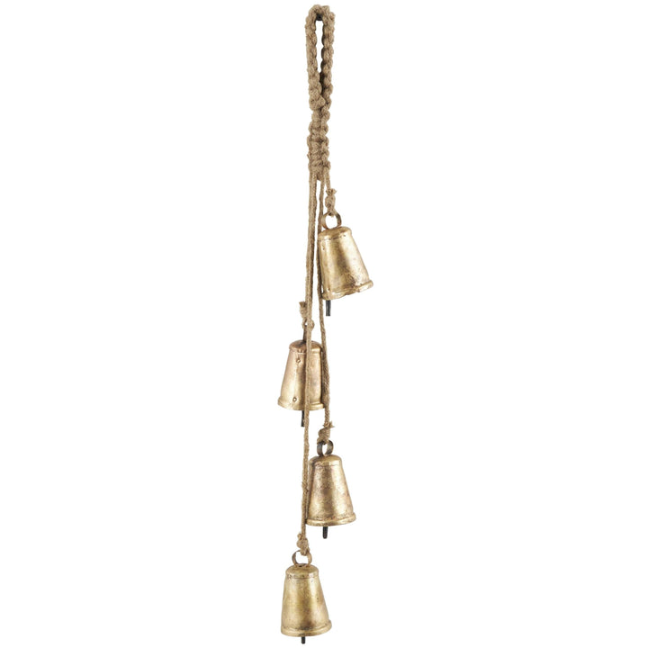 Deco 79 Gold Metal Tibetan Inspired String Hanging Decorative Bells with Jute Hanging Rope 4" x 8" x 52" - Cone 52" x 4" x 8"