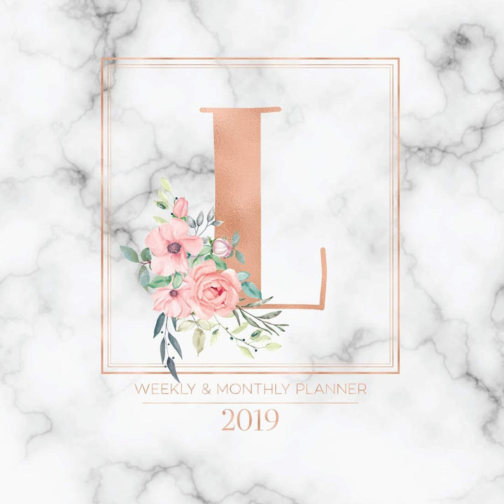 Weekly & Monthly Planner 2019: Rose Gold Monogram Letter L Marble with Pink Flowers (7.5 x 9.25”) Vertical at a glance Personalized Planner for Women Moms Girls and School