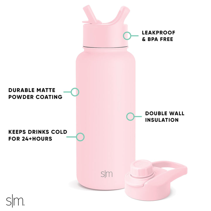 Simple Modern Water Bottle with Straw and Chug Lid Vacuum Insulated Stainless Steel Metal Thermos Bottles | Reusable Leak Proof BPA-Free Flask for Sports Gym | Summit Collection | 32oz, Blush