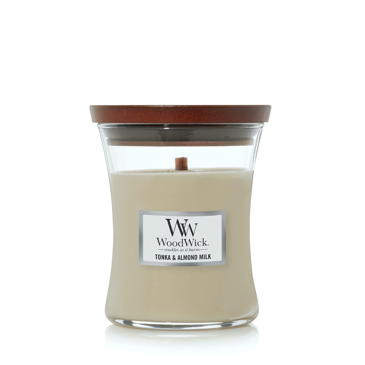 WoodWick Medium Hourglass Candle, Tonka/Almond Milk - Premium Soy Blend Wax, Pluswick Innovation Wood Wick, Made in USA