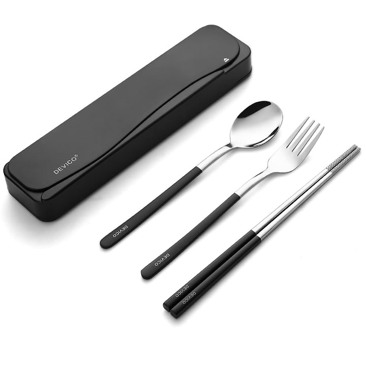 DEVICO Travel Utensils With Case, 18/8 Stainless Steel Camping Utensils, Reusable Portable Silverware Cutlery Set For Lunch Box, Include Fork Spoon Chopsticks -Red