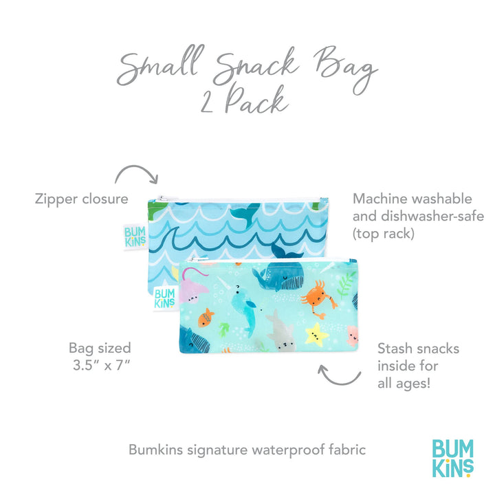 Bumkins Reusable Snack Bags, for Kids School Lunch and for Adults Portion, Washable Fabric, Waterproof Cloth Zip Bag, Supplies Travel Pouch, Food-Safe Storage, 2-pk Blue Ocean Life Snack Bag 2-pk Ocean Life & Whale Tail-Sm