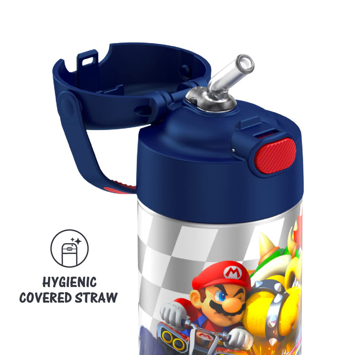 THERMOS FUNTAINER Water Bottle with Straw - 12 Ounce, Super Mario Brothers - Kids Stainless Steel Vacuum Insulated Water Bottle with Lid Licensed Characters