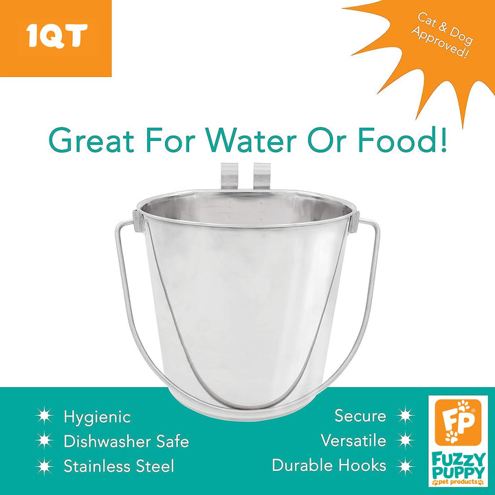 Fuzzy Puppy Flat Sided Pail with Dual Hooks, Snugly Fit On Dog, Cat and Critter Crates & Cages, Heavy Duty Stainless Steel | 1 Quart, (PN: FSP-1) 1-Quart