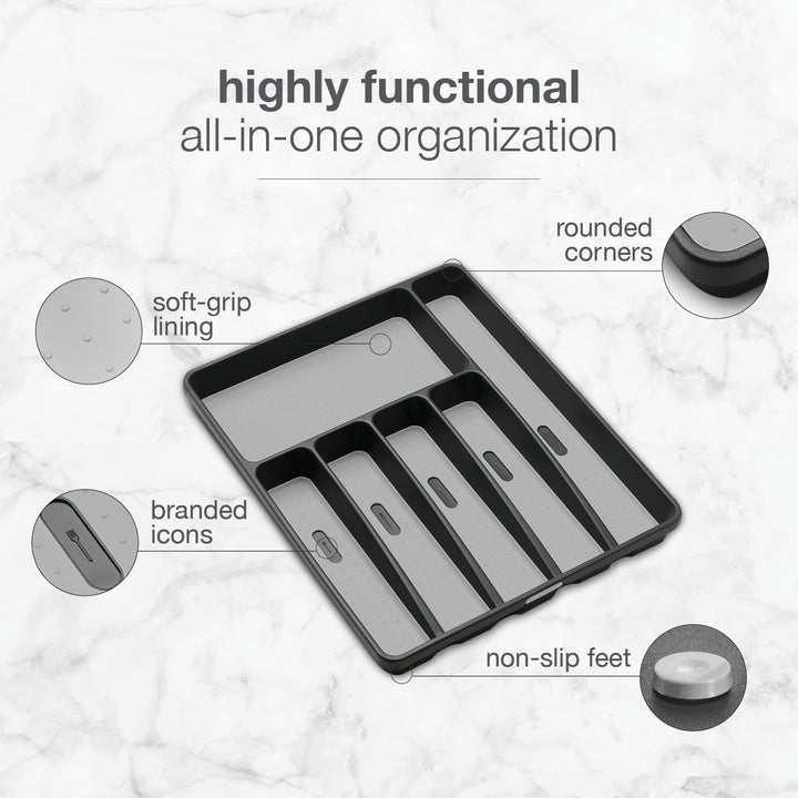 madesmart Classic Large Silverware Tray - Granite |CLASSIC COLLECTION | 6-Compartments| Kitchen Drawer Organizer | Soft-Grip Lining and Non-Slip Rubber Feet | BPA-Free