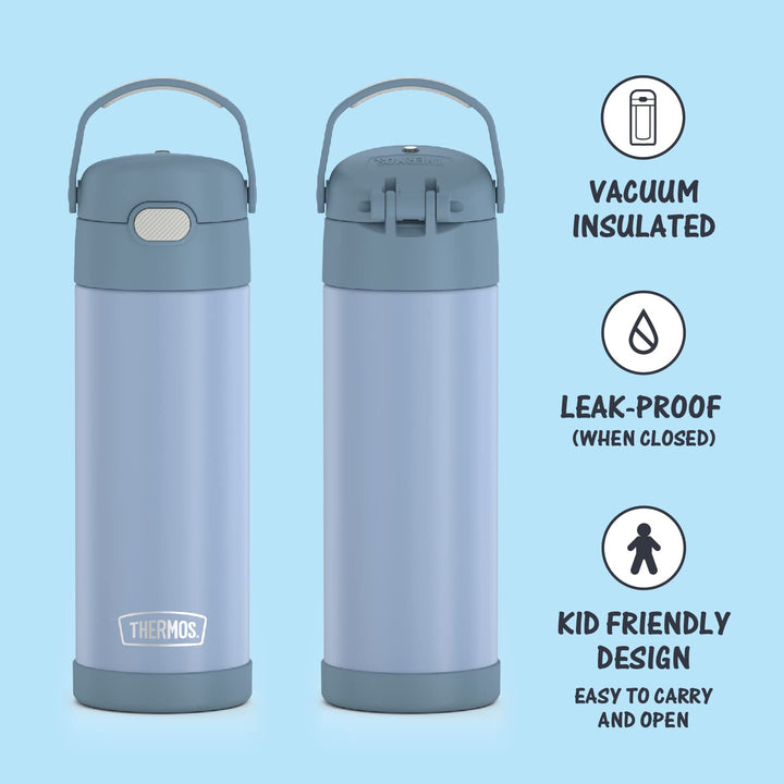 THERMOS FUNTAINER 16 Ounce Stainless Steel Vacuum Insulated Bottle with Wide Spout Lid, Denim Blue