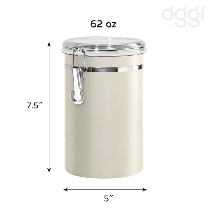 Oggi Stainless Steel Kitchen Canister 62 fl oz, Gray - Airtight Clamp Lid, Clear See-Thru Top - Ideal for Kitchen Storage, Food Storage, Pantry Storage. Large Size 5" x 7.5". Warm Gray 62-ounce Airtight Canister