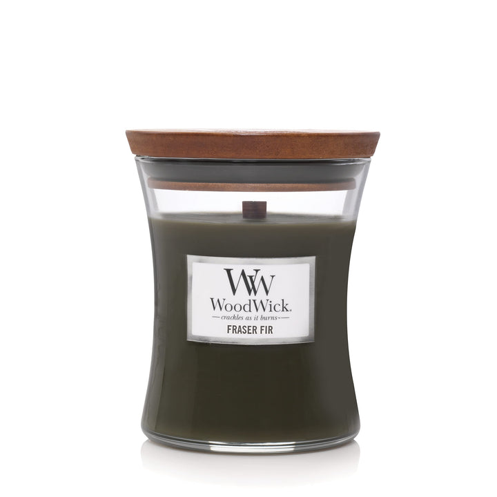 WoodWick Medium Hourglass Candle, Fraser Fir - Premium Soy Blend Wax, Pluswick Innovation Wood Wick, Made in USA WoodWick Medium - Single Pour