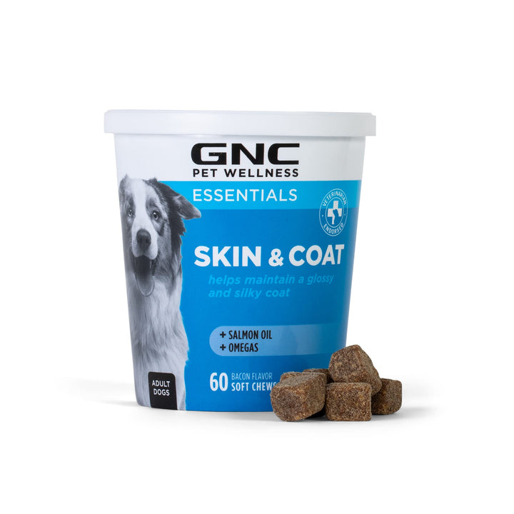 GNC Pets Essentials, Skin & Coat, All Dog 60ct 2.2g Soft Chews | Skin & Coat Soft Chews for Dogs in Bacon Flavor | Dog Supplement with Salmon Oil, Omega Fatty Acids, and EPA & DHA for Skin and Coats 60 Count (Pack of 1)