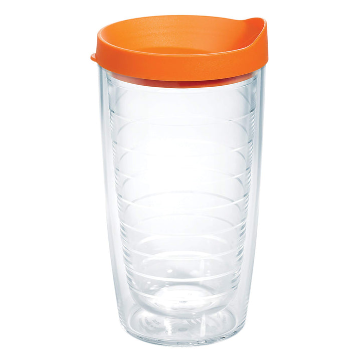 Tervis Clear & Colorful Lidded Made in USA Double Walled Insulated Tumbler Travel Cup Keeps Drinks Cold & Hot, 16oz, Orange Lid