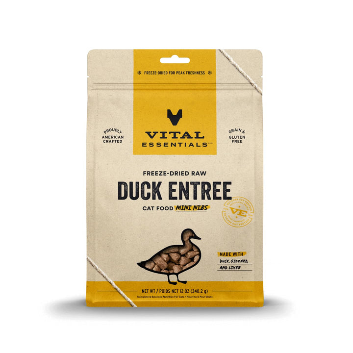 Vital Essentials Freeze Dried Raw Cat Food, Duck Mini Nibs Entree, 12 oz