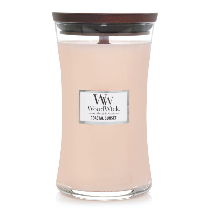 Woodwick Ellipse Scented Candle, Coastal Sunset, 16oz | Up to 50 Hours Burn Time & Large Hourglass Candle, Coastal Sunset, 21.5 oz Candle + Candle, MEDIUM PINK Ellipse Candle