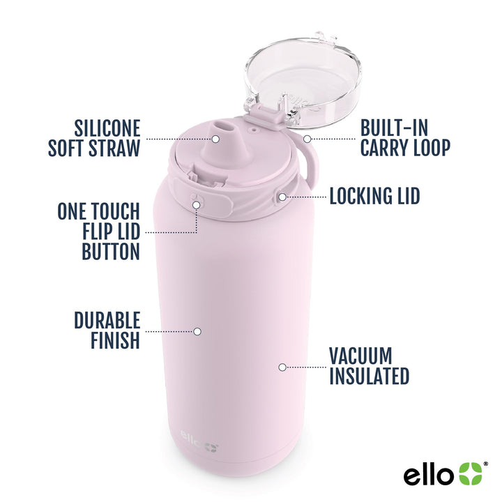 Ello Cooper 22oz Stainless Steel Water Bottle with Straw and Carry Handle, Double Walled and Vacuum Insulated Metal, Leak Proof Locking Lid with Soft Silicone Spout, Reusbale, BPA Free, Cashmere Pink