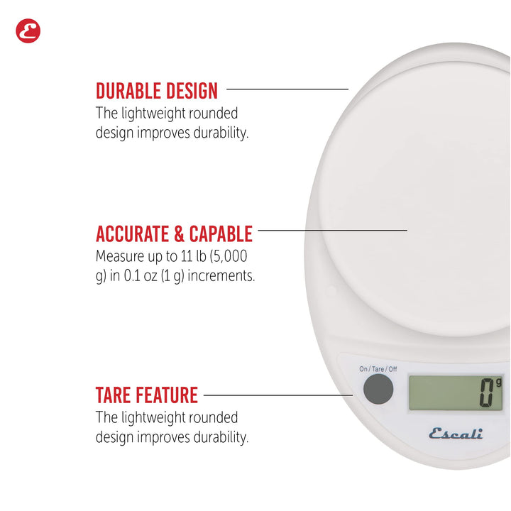 Escali Primo Digital Food Scale Multi-Functional Kitchen Scale and Baking Scale for Precise Weight Measuring and Portion Control, 8.5 x 6 x 1.5 inches, White