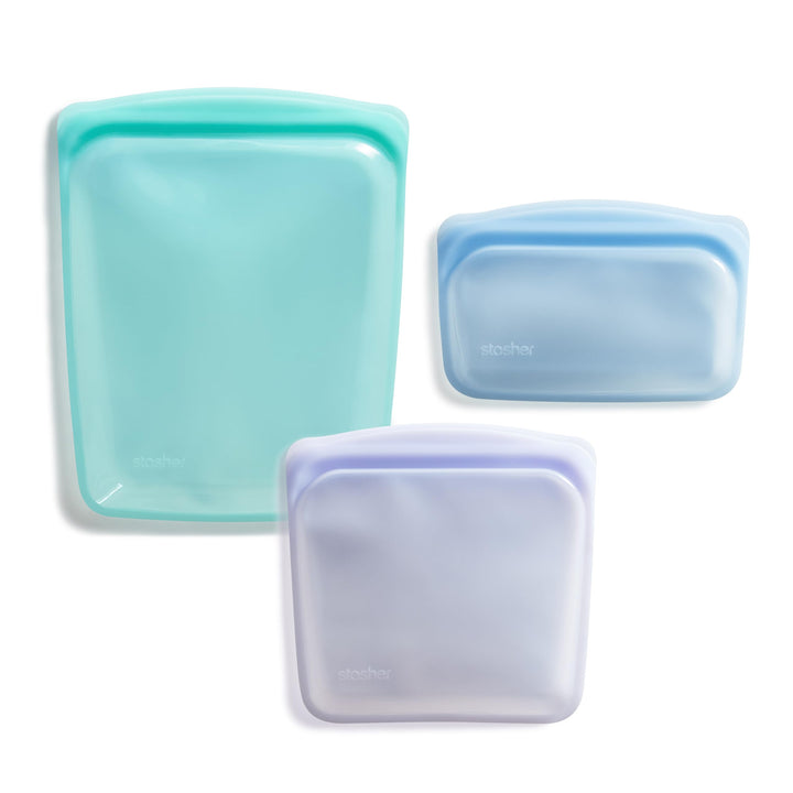 Stasher Reusable Silicone Storage Bag, Food Storage Container, Microwave and Dishwasher Safe, Leak-free, Bundle 3-Pack, Aqua + Blue + Lavender