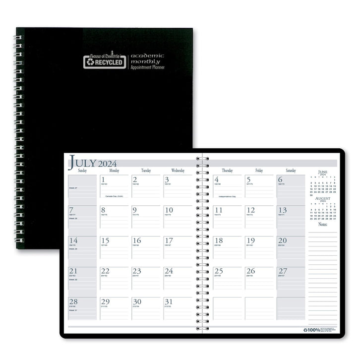 2024-2025 House of Doolittle 8.5-inch x 11-inch Academic Monthly Planner, Leatherette Cover, Black (26302-25) White/Black