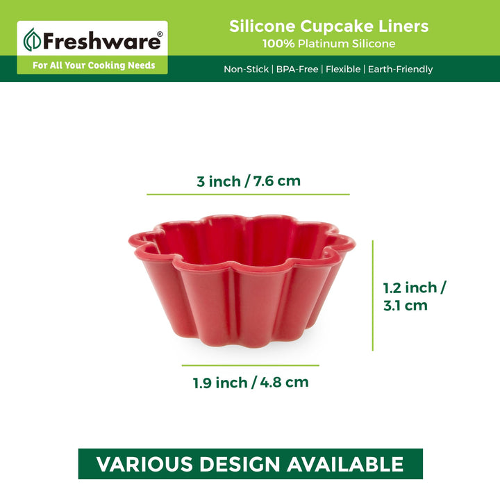 Freshware Cupcake Liners, Pack of 12 Silicone Muffin Cups, 3 Inch Silicone Baking Cups, Reusable & Non-stick Silicone Cupcake Liners for Party Halloween Christmas, Flower Red & Black Flower [12-Pack] New One Size