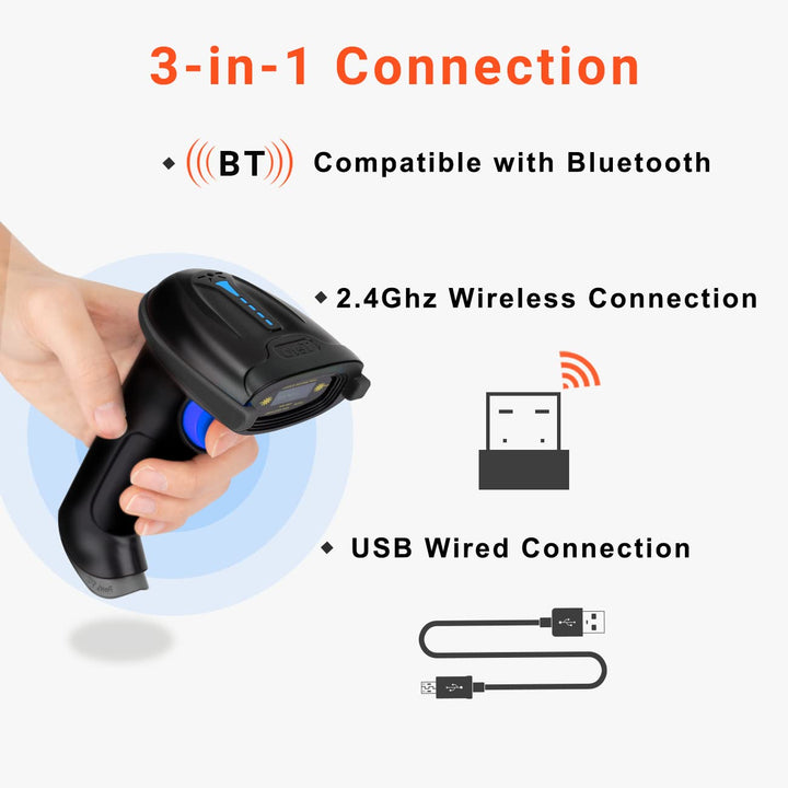 Tera Pro 1D Wireless Barcode Scanner 3 in 1 Bluetooth & 2.4G Wireless & USB Wired CCD Cordless 2500 Pixel Bar Code Reader with Battery Level Indicator for Windows Mac Android iOS Model T5100C Blue 2500C CCD