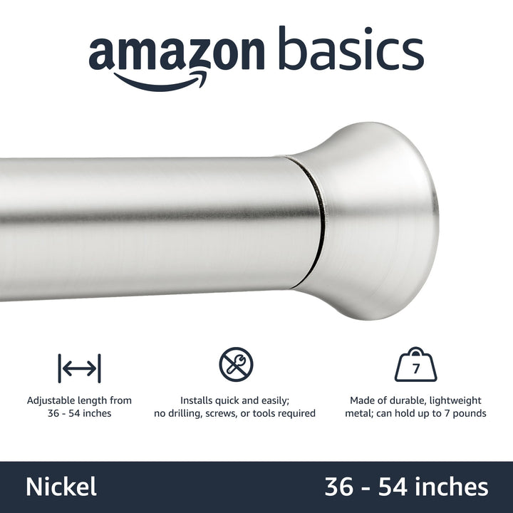 Basics Tension Curtain Rod, Adjustable 36-54" Width - Nickel, Classic Finial 36-54" Indoor