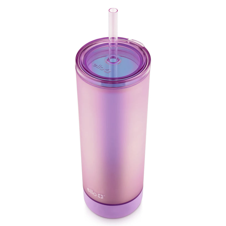 Ello Monterey Double Walled Insulated Plastic Tumbler with Straw and Built-in Coaster, BPA Free, 24oz Lilac