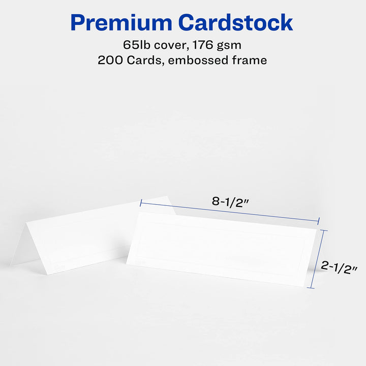 Avery Printable Tent Cards with Sure Feed Technology, 2.5" x 8.5", White with Embossed Border, 100 Blank Place Cards for Laser or Inkjet Printers (05305) 100 Cards