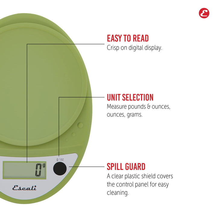 Escali Primo Digital Food Scale Multi-Functional Kitchen Scale and Baking Scale for Precise Weight Measuring and Portion Control, 8.5 x 6 x 1.5 inches, Tarragon Green