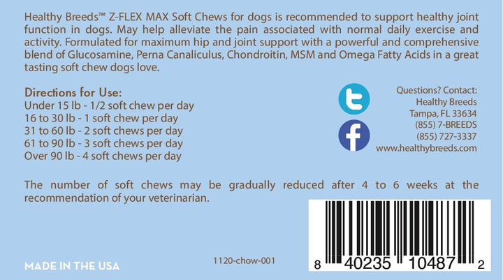 Healthy Breeds Z-Flex Max Hip & Joint Supplement Soft Chews for Chow Chow - OVER 100 BREEDS - Medium & Large Breed Formula - 50 Count