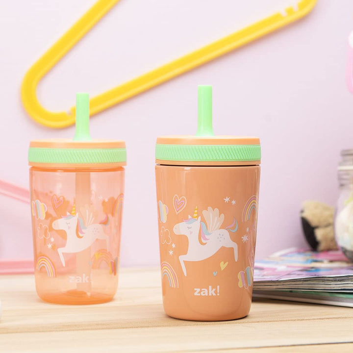 Zak Designs Unicorn Kelso Tumbler Set, Leak-Proof Screw-On Lid with Straw, Bundle for Kids Includes Plastic and Stainless Steel Cups with Bonus Sipper, 3pc Set, Non-BPA, 15 fl.oz. Classic