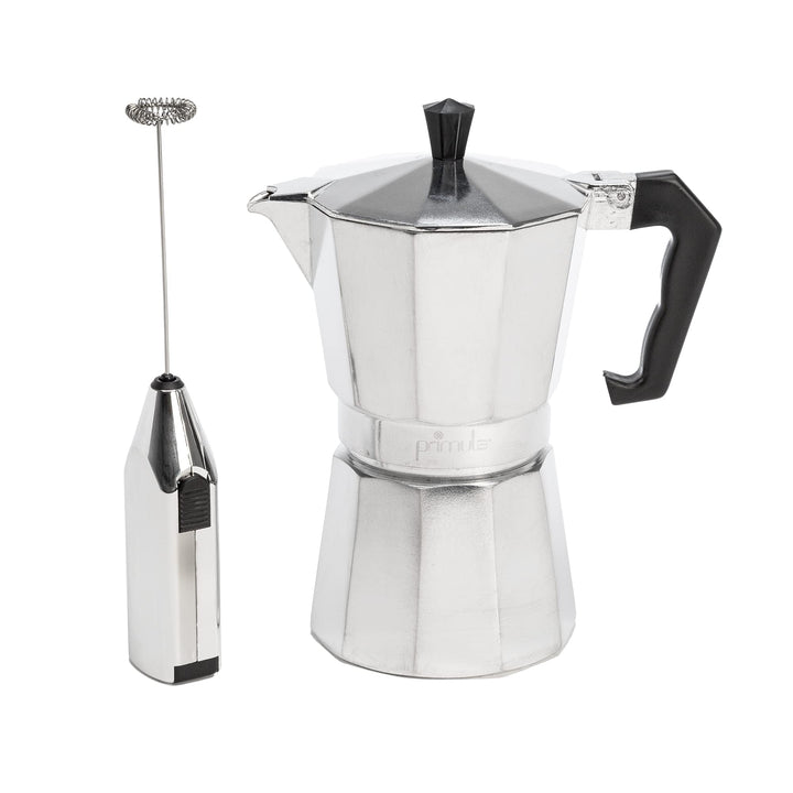 Primula Stovetop Espresso Maker and Handheld Electric Milk Frother Gift Set, Moka Pot for Classic Italian and Cuban Coffee, Cafetera, 6 Espresso Cups, Silver 6 Cup + Frother