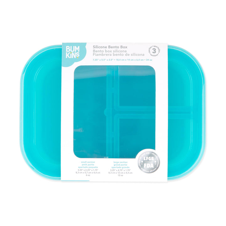 Bumkins Snack/Lunch Bento Box for Kids and Adults, 3 Compartment Container, Leak Proof Lid, for Portioning, Large Section Can Hold Sandwich, Food-Safe LFGB Platinum Silicone, Microwave-Safe, Blue Blue Jelly