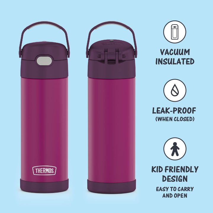 THERMOS FUNTAINER 16 Ounce Stainless Steel Vacuum Insulated Bottle with Wide Spout Lid, Red Violet