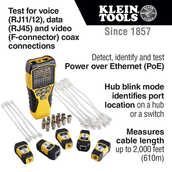 Klein Tools VDV501-853 Coaxial Cable Tester, Scout Pro 3 with Test-n-Map Remote, Includes Remotes #2 - #6, Tests Voice, Data and Video Cable w/Test + Map Remotes, PoE