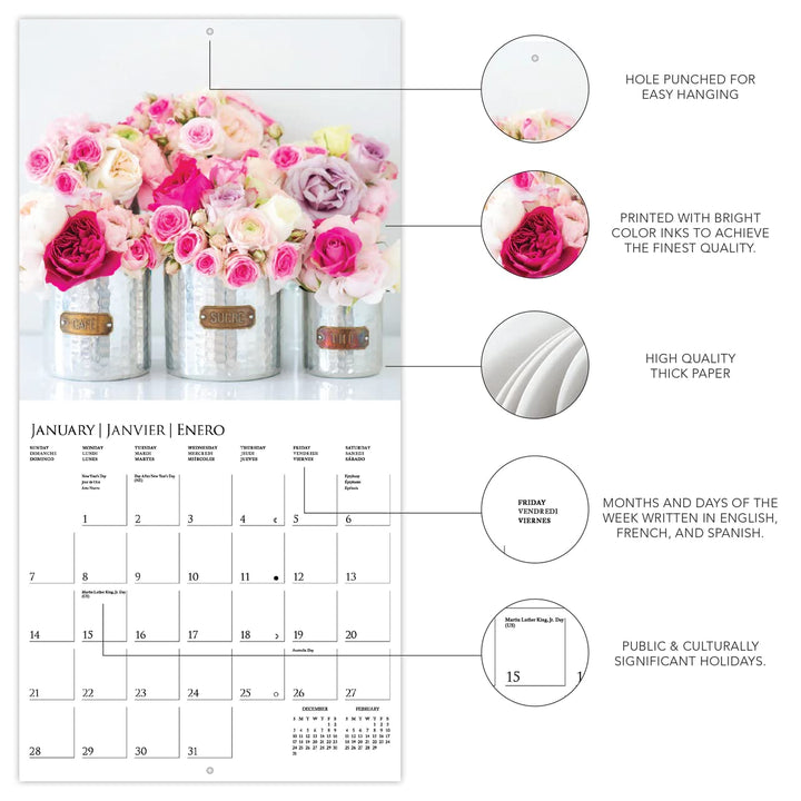 Graphique 2024 Garden Bouquets Wall Calendar | 12” x 12” | Thick Paper | Home & Office Organizer | Large Monthly Grid | 3 Languages & Marked Holidays | 4 Month Preview Page for 2025