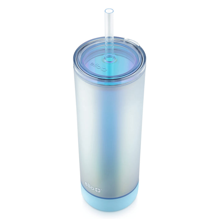 Ello Monterey Double Walled Insulated Plastic Tumbler with Straw and Built-in Coaster, BPA Free, 24oz Blue