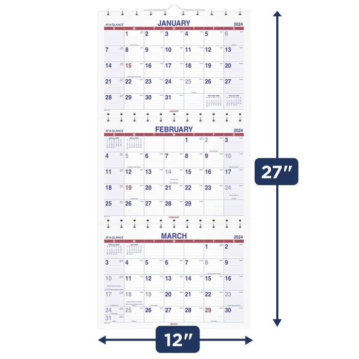 AT-A-GLANCE 2024 Wall Calendar, 12" x 26-1/2", Large, Three-Month, Move-A-Page (PMLF112824) 2024 Old Edition