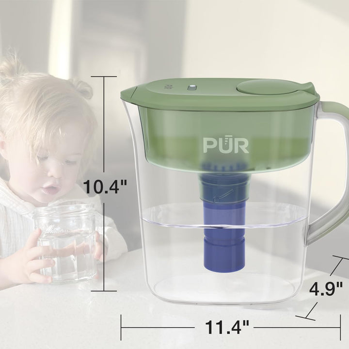 PUR PLUS 11-Cup Water Filter Pitcher with 1 Genuine PUR PLUS Filter, 11-Cup Capacity, 3-in-1 Powerful, Faster Filtration, Dishwasher Safe, Filter Change Light, Sage (PPT110MA)