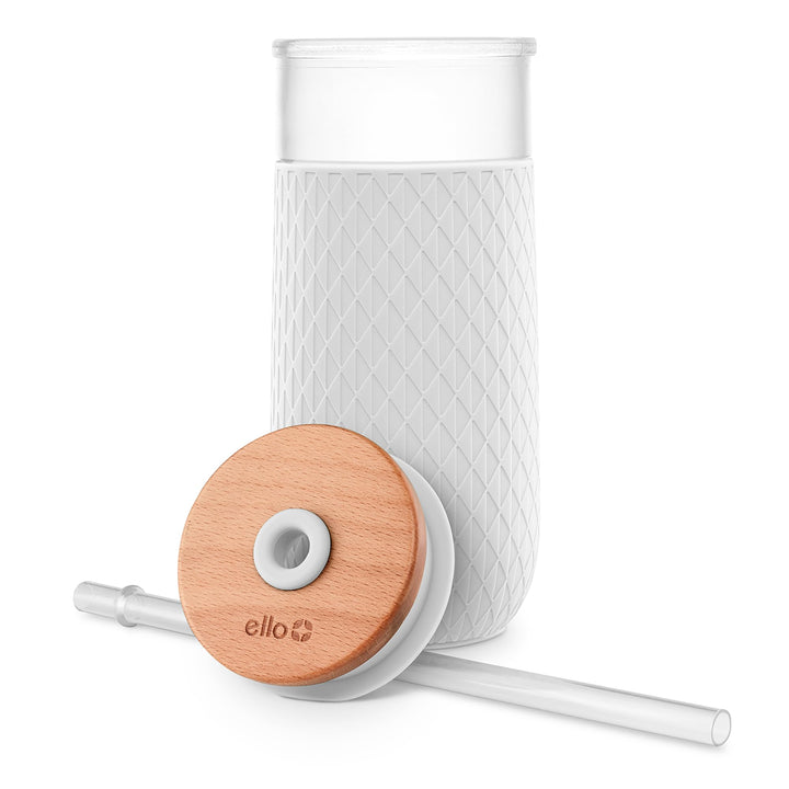 Ello Devon Glass Tumbler with Splash Proof Wooden Lid and Straw, Protective No Sweat Silicone Sleeve, Perfect for Smoothies and Iced Coffee, BPA Free, Dishwasher Safe, White, 18oz