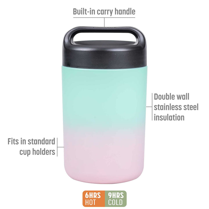 Goodful Vacuum Sealed Insulated Food Jar with Handle Lid, Stainless Steel Thermos, Lunch Container, 16 Oz, Ombre Pink to Blue