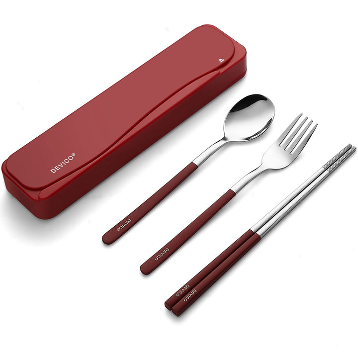 DEVICO Travel Utensils With Case, 18/8 Stainless Steel Camping Utensils, Reusable Portable Silverware Cutlery Set For Lunch Box, Include Fork Spoon Chopsticks -Red